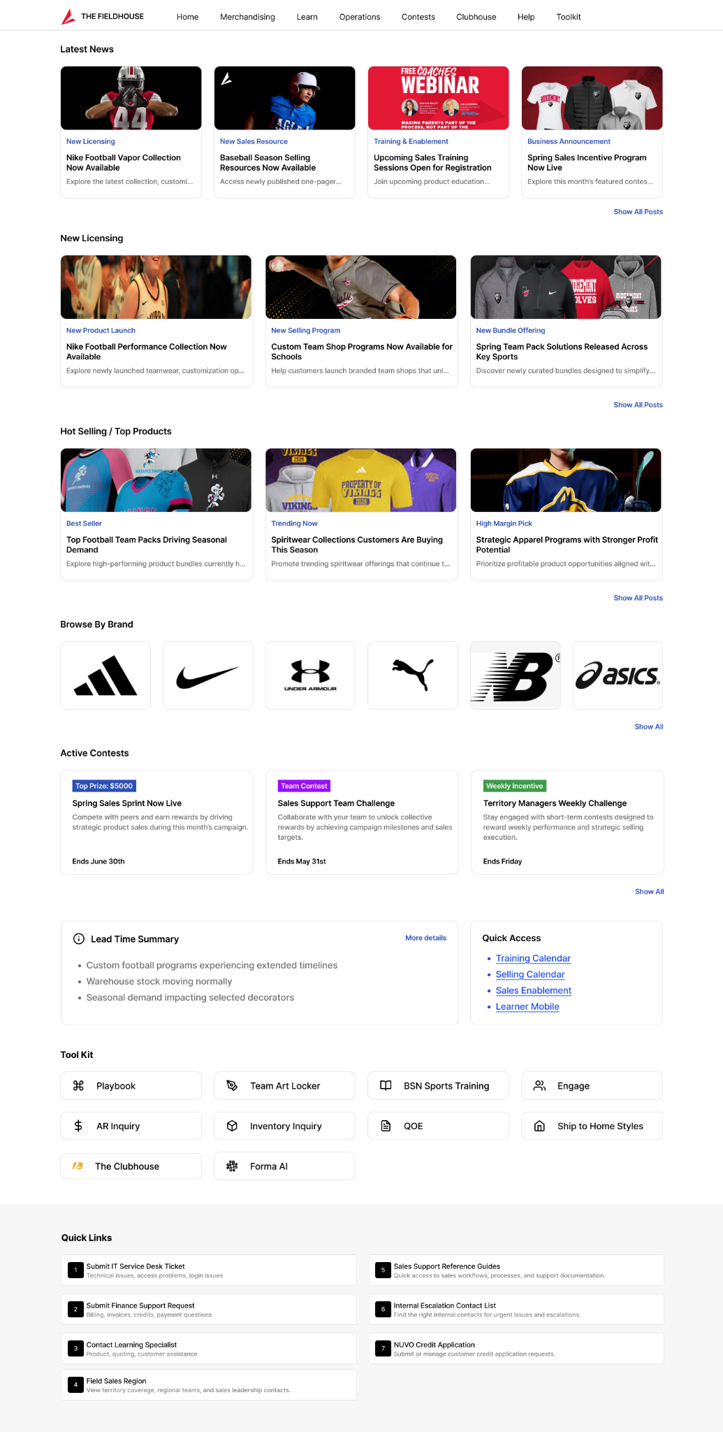 Fieldhouse product screen showing news, sales resources, and merchandising