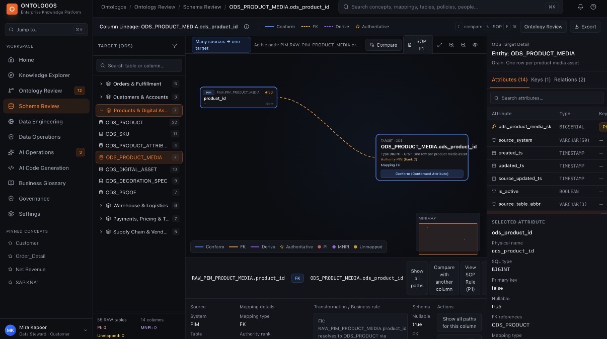 Ontologos schema-review screen showing a source-to-target relationship