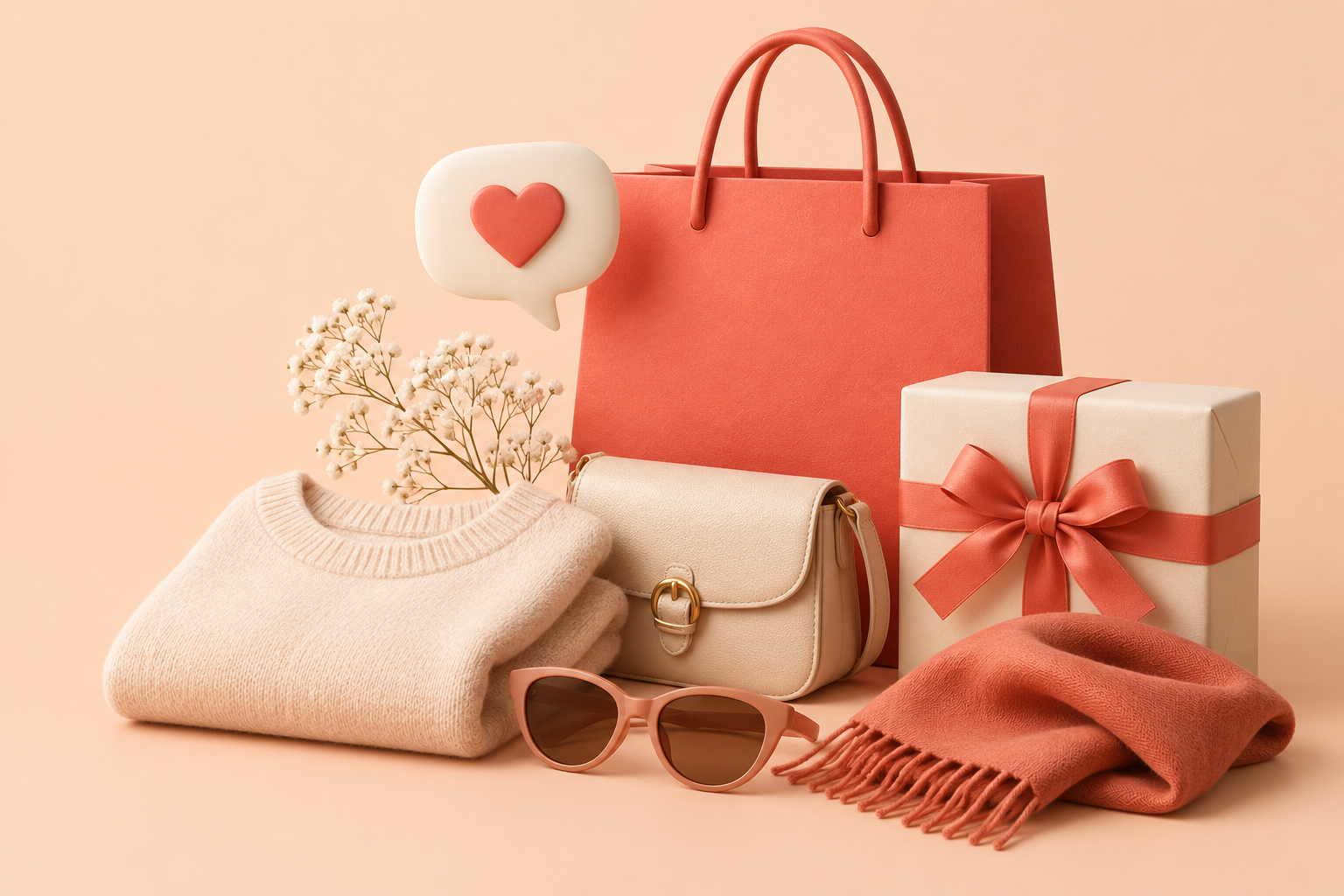 Illustration of a curated shopping bag, parcel, and customer conversation